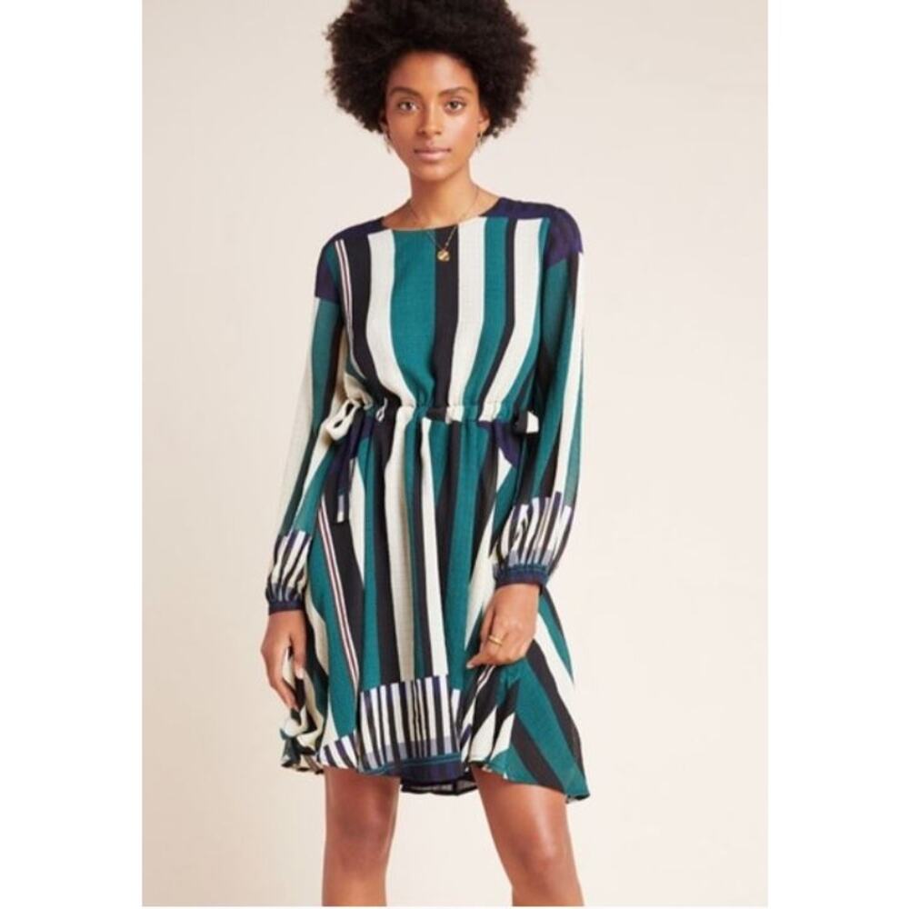 EUC Anthropologie Sunday in Brooklyn Leger Striped Dress XS Green White Black - Picture 2 of 11